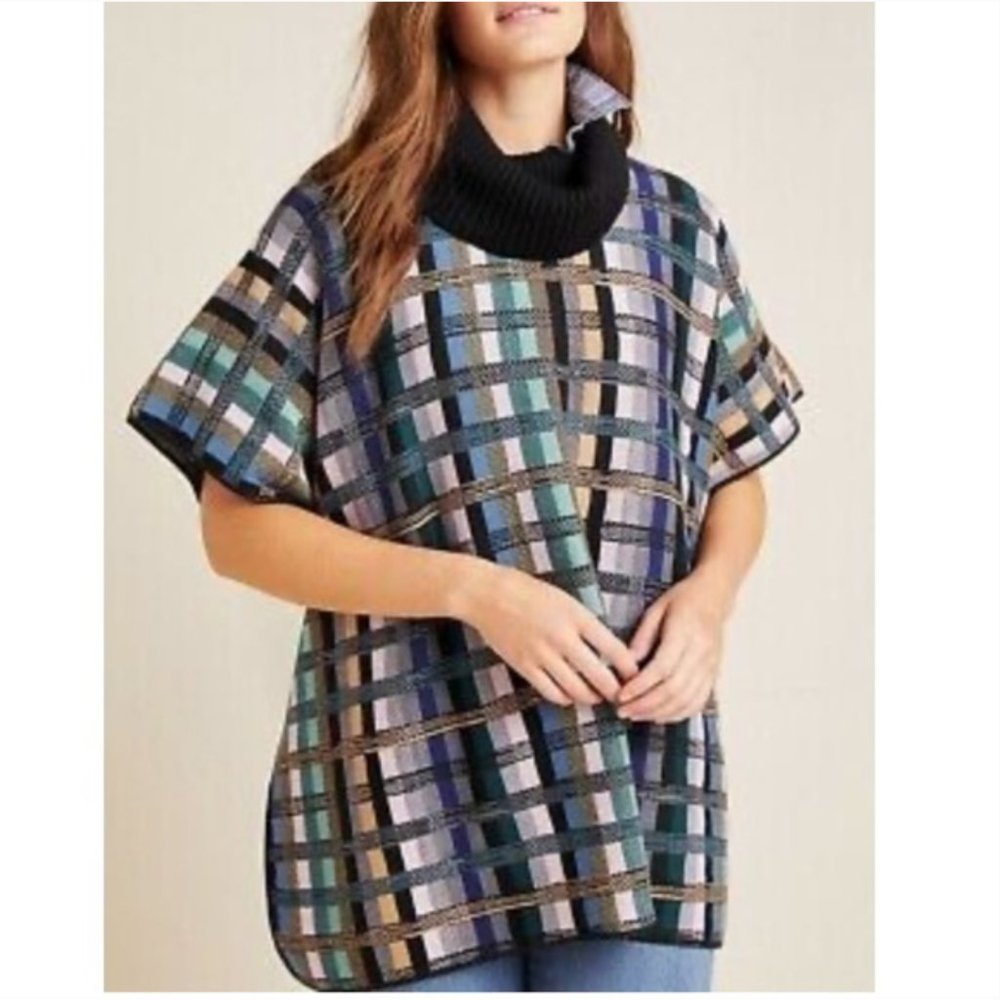 Anthropologie Aldomartins Gracie Plaid Cowl Neck Turtleneck Poncho SIZE L - Picture 6 of 16